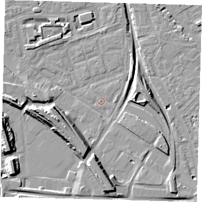 Shaded relief map of the ground around SE162TA, computed from Environment Agency LiDAR. The ground here sits at about 1 m above sea level and falls 14 m across the surrounding 800 m. Surface water reaching this point runs off ground lying to the south, 8.7 m higher.