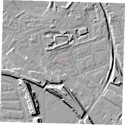 Shaded relief map of the ground around SE162TB, computed from Environment Agency LiDAR. The ground here sits at about 1 m above sea level and falls 15 m across the surrounding 800 m. Surface water reaching this point runs off ground lying to the south-west, 5.5 m higher.
