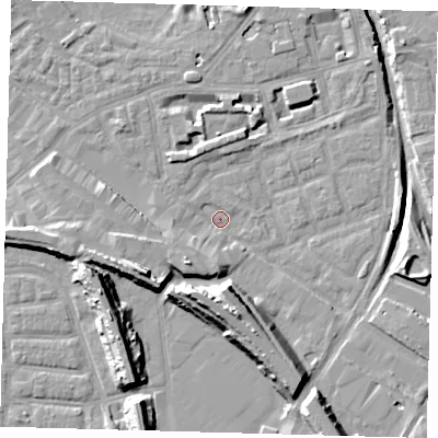 Shaded relief map of the ground around SE162TE, computed from Environment Agency LiDAR. The ground here sits at about 1 m above sea level and falls 15 m across the surrounding 800 m. Surface water reaching this point runs off ground lying to the south, 11.1 m higher.