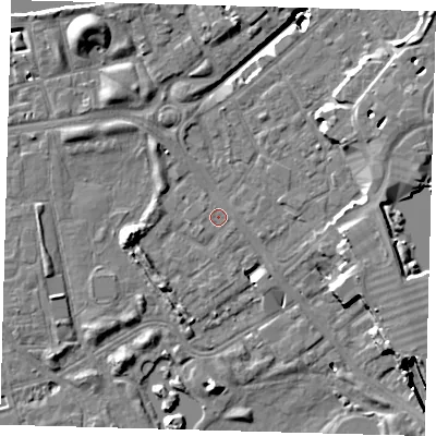 Shaded relief map of the ground around SE162TP, computed from Environment Agency LiDAR. The ground here sits at about 3 m above sea level and falls 19 m across the surrounding 800 m. The ground contributing surface water to this point lies to the west-north-west.