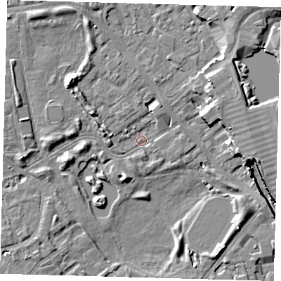 Shaded relief map of the ground around SE162TX, computed from Environment Agency LiDAR. The ground here sits at about 2 m above sea level and falls 10 m across the surrounding 800 m. Surface water reaching this point runs off ground lying to the north-west, 6.9 m higher.