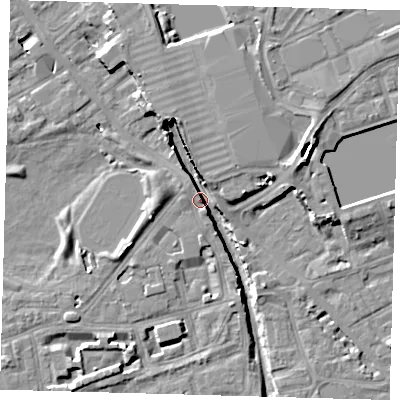Shaded relief map of the ground around SE162UE, computed from Environment Agency LiDAR. The ground here sits at about 3 m above sea level and falls 12 m across the surrounding 800 m. Surface water reaching this point runs off ground lying to the north-north-west, 9.7 m higher.