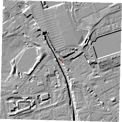 Shaded relief map of the ground around SE162UF, computed from Environment Agency LiDAR. The ground here sits at about 1 m above sea level and falls 12 m across the surrounding 800 m. Surface water reaching this point runs off ground lying to the north-north-west, 9.7 m higher.