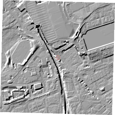 Shaded relief map of the ground around SE162UG, computed from Environment Agency LiDAR. The ground here sits at about 2 m above sea level and falls 12 m across the surrounding 800 m. Surface water reaching this point runs off ground lying to the north-north-west, 9.7 m higher.