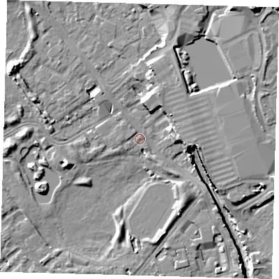 Shaded relief map of the ground around SE162UH, computed from Environment Agency LiDAR. The ground here sits at about 2 m above sea level and falls 12 m across the surrounding 800 m. Surface water reaching this point runs off ground lying to the north, 1.8 m higher.