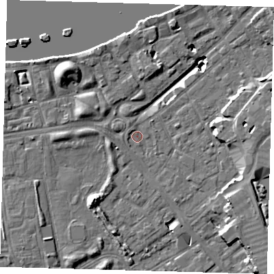 Shaded relief map of the ground around SE162XB, computed from Environment Agency LiDAR. The ground here sits at about 2 m above sea level and falls 19 m across the surrounding 800 m. Surface water reaching this point runs off ground lying to the west-north-west, 1.4 m higher.