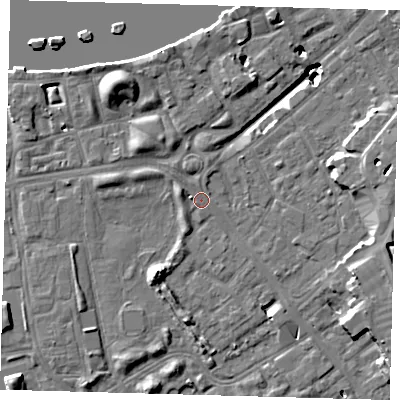 Shaded relief map of the ground around SE162XD, computed from Environment Agency LiDAR. The ground here sits at about 3 m above sea level and falls 19 m across the surrounding 800 m. Surface water reaching this point runs off ground lying to the north-north-west, 1.5 m higher.