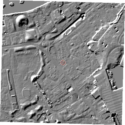 Shaded relief map of the ground around SE162XE, computed from Environment Agency LiDAR. The ground here sits at about 2 m above sea level and falls 19 m across the surrounding 800 m. Surface water reaching this point runs off ground lying to the west-north-west, 3.0 m higher.
