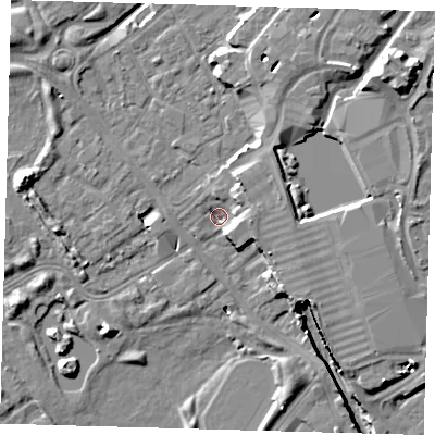 Shaded relief map of the ground around SE162XG, computed from Environment Agency LiDAR. The ground here sits at about 1 m above sea level and falls 11 m across the surrounding 800 m. Surface water reaching this point runs off ground lying to the east, 5.7 m higher.