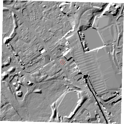 Shaded relief map of the ground around SE162XH, computed from Environment Agency LiDAR. The ground here sits at about 2 m above sea level and falls 12 m across the surrounding 800 m. Surface water reaching this point runs off ground lying to the north, 1.6 m higher.