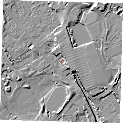 Shaded relief map of the ground around SE162XJ, computed from Environment Agency LiDAR. The ground here sits at about 2 m above sea level and falls 12 m across the surrounding 800 m. Surface water reaching this point runs off ground lying to the east-south-east, 6.4 m higher.