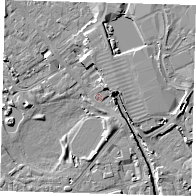 Shaded relief map of the ground around SE162XL, computed from Environment Agency LiDAR. The ground here sits at about 2 m above sea level and falls 12 m across the surrounding 800 m. Surface water reaching this point runs off ground lying to the north-north-east, 5.2 m higher.
