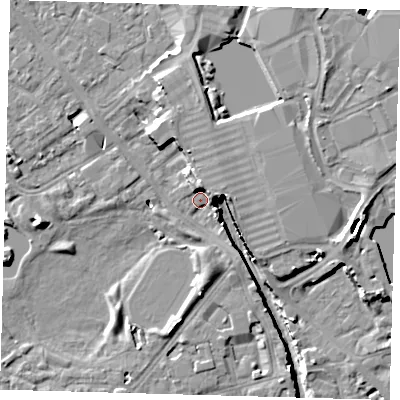 Shaded relief map of the ground around SE162XN, computed from Environment Agency LiDAR. The ground here sits at about 2 m above sea level and falls 12 m across the surrounding 800 m. Surface water reaching this point runs off ground lying to the north, 5.2 m higher.