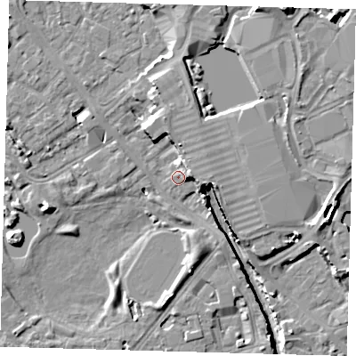Shaded relief map of the ground around SE162XP, computed from Environment Agency LiDAR. The ground here sits at about 2 m above sea level and falls 12 m across the surrounding 800 m. Surface water reaching this point runs off ground lying to the east-north-east, 4.1 m higher.