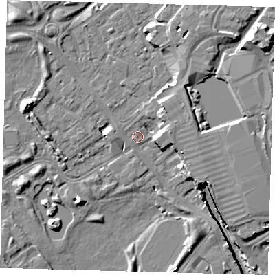 Shaded relief map of the ground around SE162XQ, computed from Environment Agency LiDAR. The ground here sits at about 2 m above sea level and falls 12 m across the surrounding 800 m. Surface water reaching this point runs off ground lying to the south, 1.1 m higher.