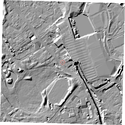 Shaded relief map of the ground around SE162XS, computed from Environment Agency LiDAR. The ground here sits at about 2 m above sea level and falls 12 m across the surrounding 800 m. Surface water reaching this point runs off ground lying to the east, 6.4 m higher.