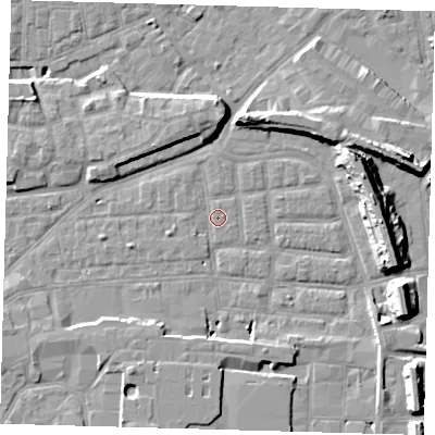 Shaded relief map of the ground around SE163AA, computed from Environment Agency LiDAR. The ground here sits at about 1 m above sea level and falls 14 m across the surrounding 800 m. Surface water reaching this point runs off ground lying to the south, 5.4 m higher.