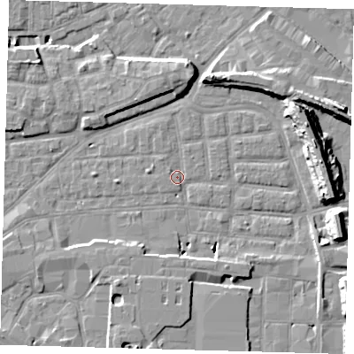 Shaded relief map of the ground around SE163AB, computed from Environment Agency LiDAR. The ground here sits at about 1 m above sea level and falls 14 m across the surrounding 800 m. Surface water reaching this point runs off ground lying to the south-south-east, 5.4 m higher.
