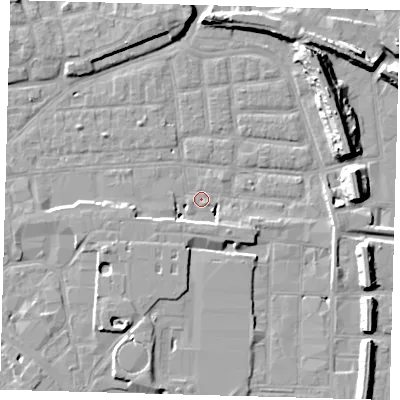 Shaded relief map of the ground around SE163AD, computed from Environment Agency LiDAR. The ground here sits at about 1 m above sea level and falls 14 m across the surrounding 800 m. Surface water reaching this point runs off ground lying to the south-south-east, 5.4 m higher.