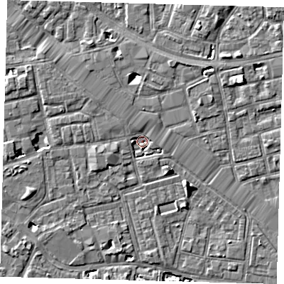 Shaded relief map of the ground around SE163AE, computed from Environment Agency LiDAR. The ground here sits at about 2 m above sea level and falls 6 m across the surrounding 800 m. Surface water reaching this point runs off ground lying to the west, 2.9 m higher.