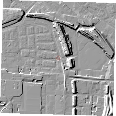 Shaded relief map of the ground around SE163AY, computed from Environment Agency LiDAR. The ground here sits at about 1 m above sea level and falls 15 m across the surrounding 800 m. Surface water reaching this point runs off ground lying to the north, 14.0 m higher.