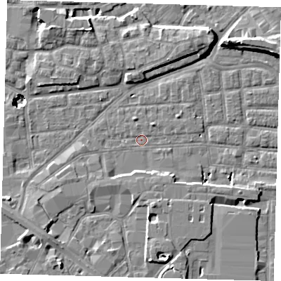 Shaded relief map of the ground around SE163BB, computed from Environment Agency LiDAR. The ground here sits at about 1 m above sea level and falls 11 m across the surrounding 800 m. Surface water reaching this point runs off ground lying to the south-south-east, 2.7 m higher.