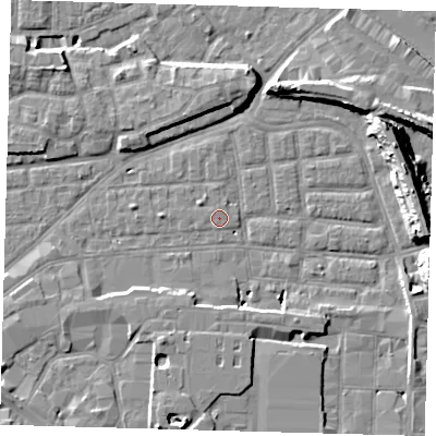 Shaded relief map of the ground around SE163BD, computed from Environment Agency LiDAR. The ground here sits at about 2 m above sea level and falls 14 m across the surrounding 800 m. The ground contributing surface water to this point lies to the south-south-west.