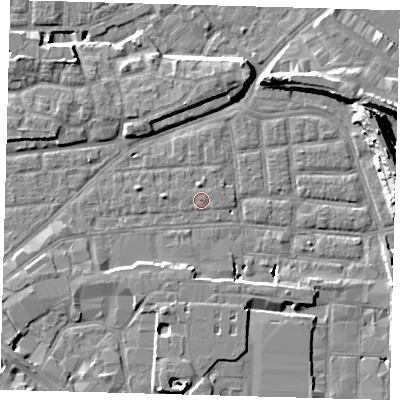 Shaded relief map of the ground around SE163BE, computed from Environment Agency LiDAR. The ground here sits at about 2 m above sea level and falls 14 m across the surrounding 800 m. Surface water reaching this point runs off ground lying to the south-east, 0.6 m higher.