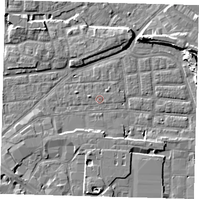 Shaded relief map of the ground around SE163BG, computed from Environment Agency LiDAR. The ground here sits at about 2 m above sea level and falls 14 m across the surrounding 800 m. The ground contributing surface water to this point lies to the east.