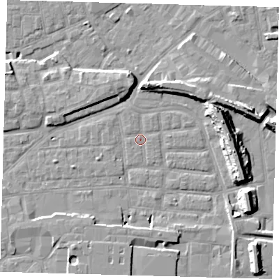 Shaded relief map of the ground around SE163BH, computed from Environment Agency LiDAR. The ground here sits at about 1 m above sea level and falls 14 m across the surrounding 800 m. Surface water reaching this point runs off ground lying to the south, 5.4 m higher.