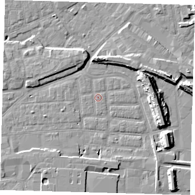 Shaded relief map of the ground around SE163BJ, computed from Environment Agency LiDAR. The ground here sits at about 1 m above sea level and falls 14 m across the surrounding 800 m. Surface water reaching this point runs off ground lying to the south, 5.4 m higher.