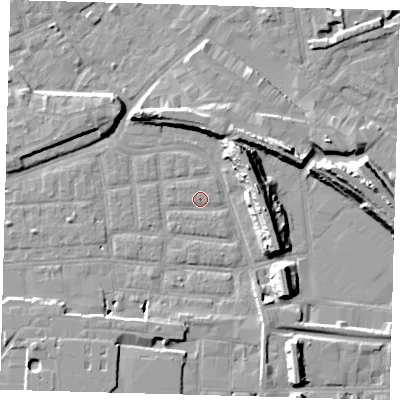 Shaded relief map of the ground around SE163BL, computed from Environment Agency LiDAR. The ground here sits at about 1 m above sea level and falls 14 m across the surrounding 800 m. Surface water reaching this point runs off ground lying to the south-south-west, 5.6 m higher.