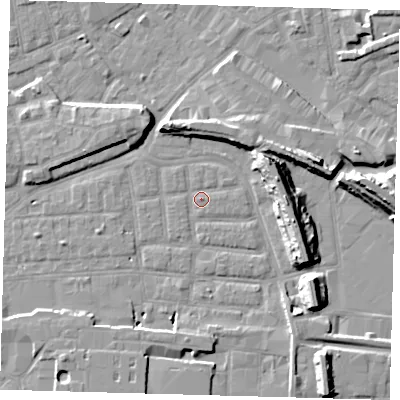 Shaded relief map of the ground around SE163BN, computed from Environment Agency LiDAR. The ground here sits at about 2 m above sea level and falls 14 m across the surrounding 800 m. Surface water reaching this point runs off ground lying to the south-south-west, 5.4 m higher.
