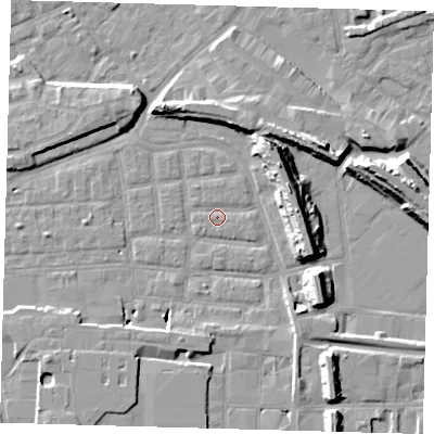 Shaded relief map of the ground around SE163BP, computed from Environment Agency LiDAR. The ground here sits at about 1 m above sea level and falls 14 m across the surrounding 800 m. Surface water reaching this point runs off ground lying to the south-south-west, 5.6 m higher.