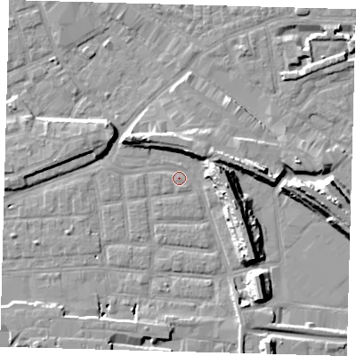 Shaded relief map of the ground around SE163BQ, computed from Environment Agency LiDAR. The ground here sits at about 1 m above sea level and falls 14 m across the surrounding 800 m. Surface water reaching this point runs off ground lying to the east-north-east, 7.0 m higher.