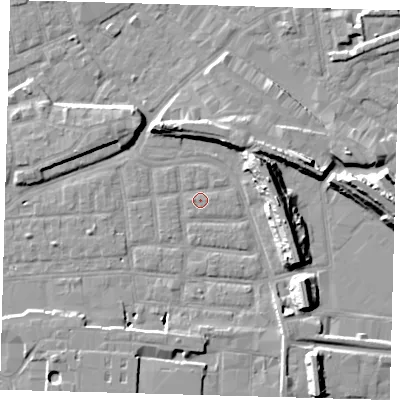 Shaded relief map of the ground around SE163BS, computed from Environment Agency LiDAR. The ground here sits at about 1 m above sea level and falls 14 m across the surrounding 800 m. Surface water reaching this point runs off ground lying to the west, 0.8 m higher.
