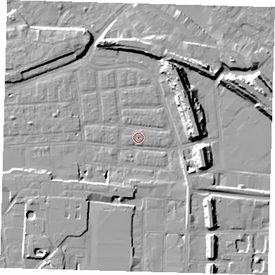 Shaded relief map of the ground around SE163BT, computed from Environment Agency LiDAR. The ground here sits at about 1 m above sea level and falls 14 m across the surrounding 800 m. Surface water reaching this point runs off ground lying to the south-south-west, 3.8 m higher.