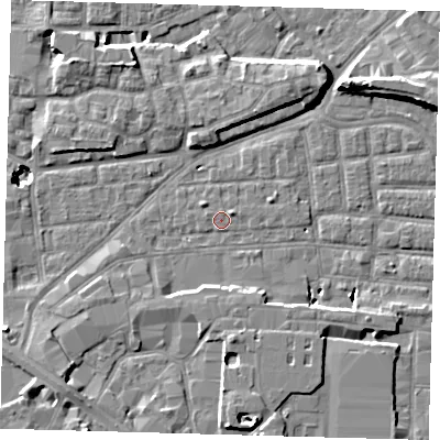 Shaded relief map of the ground around SE163BU, computed from Environment Agency LiDAR. The ground here sits at about 2 m above sea level and falls 11 m across the surrounding 800 m. Surface water reaching this point runs off ground lying to the south-south-east, 2.7 m higher.