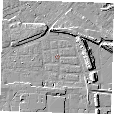 Shaded relief map of the ground around SE163BW, computed from Environment Agency LiDAR. The ground here sits at about 1 m above sea level and falls 14 m across the surrounding 800 m. Surface water reaching this point runs off ground lying to the south, 5.4 m higher.