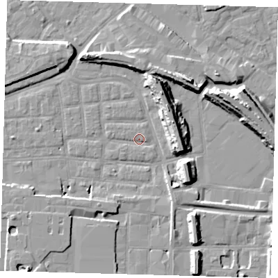 Shaded relief map of the ground around SE163BZ, computed from Environment Agency LiDAR. The ground here sits at about 1 m above sea level and falls 14 m across the surrounding 800 m. Surface water reaching this point runs off ground lying to the west, 1.2 m higher.