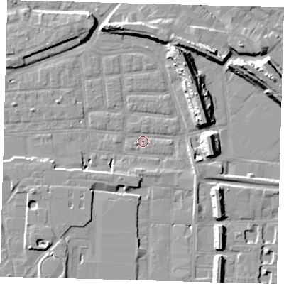 Shaded relief map of the ground around SE163DB, computed from Environment Agency LiDAR. The ground here sits at about 1 m above sea level and falls 14 m across the surrounding 800 m. Surface water reaching this point runs off ground lying to the south-south-west, 3.8 m higher.
