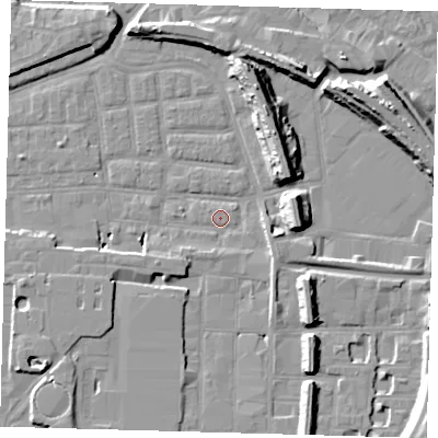 Shaded relief map of the ground around SE163DE, computed from Environment Agency LiDAR. The ground here sits at about 1 m above sea level and falls 14 m across the surrounding 800 m. Surface water reaching this point runs off ground lying to the south-west, 3.3 m higher.