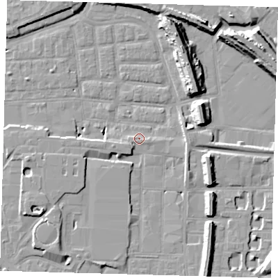 Shaded relief map of the ground around SE163DF, computed from Environment Agency LiDAR. The ground here sits at about 2 m above sea level and falls 14 m across the surrounding 800 m. Surface water reaching this point runs off ground lying to the south-west, 1.8 m higher.