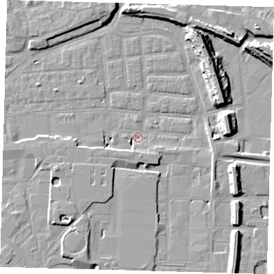 Shaded relief map of the ground around SE163DG, computed from Environment Agency LiDAR. The ground here sits at about 1 m above sea level and falls 14 m across the surrounding 800 m. Surface water reaching this point runs off ground lying to the south-south-west, 2.8 m higher.