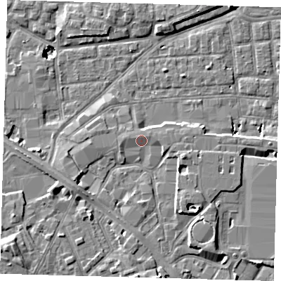 Shaded relief map of the ground around SE163DH, computed from Environment Agency LiDAR. The ground here sits at about 3 m above sea level and falls 10 m across the surrounding 800 m. Surface water reaching this point runs off ground lying to the east-north-east, 1.2 m higher.