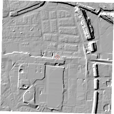 Shaded relief map of the ground around SE163DJ, computed from Environment Agency LiDAR. The ground here sits at about 2 m above sea level and falls 14 m across the surrounding 800 m. Surface water reaching this point runs off ground lying to the south-south-east, 2.4 m higher.