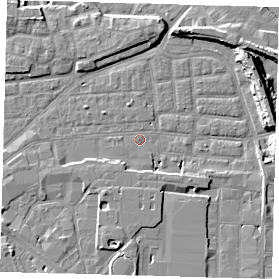 Shaded relief map of the ground around SE163DL, computed from Environment Agency LiDAR. The ground here sits at about 1 m above sea level and falls 14 m across the surrounding 800 m. Surface water reaching this point runs off ground lying to the west, 0.7 m higher.