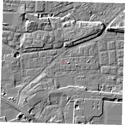 Shaded relief map of the ground around SE163DN, computed from Environment Agency LiDAR. The ground here sits at about 1 m above sea level and falls 11 m across the surrounding 800 m. Surface water reaching this point runs off ground lying to the east, 0.9 m higher.