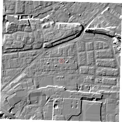 Shaded relief map of the ground around SE163DP, computed from Environment Agency LiDAR. The ground here sits at about 2 m above sea level and falls 14 m across the surrounding 800 m. Surface water reaching this point runs off ground lying to the east-south-east, 1.0 m higher.