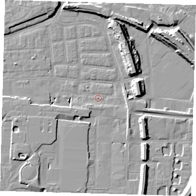 Shaded relief map of the ground around SE163DQ, computed from Environment Agency LiDAR. The ground here sits at about 1 m above sea level and falls 14 m across the surrounding 800 m. Surface water reaching this point runs off ground lying to the west-south-west, 3.2 m higher.